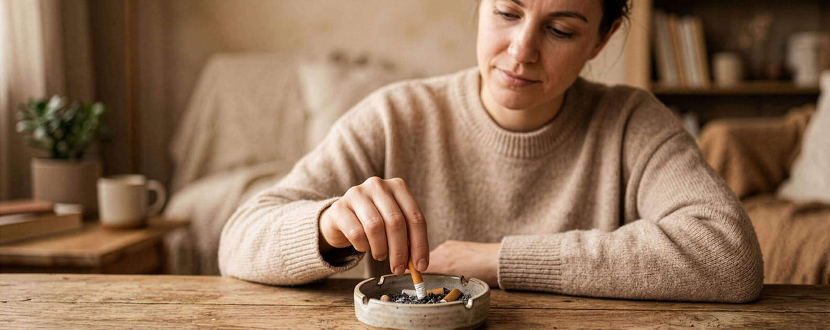 Woman stubbing out a cigarette in an ashtray, weighing up nicotine pouches vs cigarettes